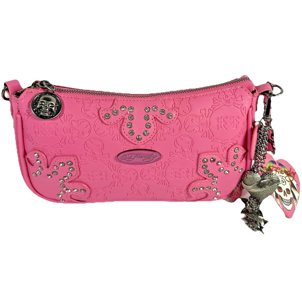 Ed Hardy Pink Skull Embossed Shoulder Bag Purse Heart Charm Studded NWT